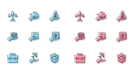 Sticker - Set line Briefcase, Plane in hand, Piggy bank with shield, Delivery insurance, Safe, House and icon. Vector