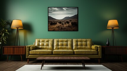 A green living room with a green couch and two pictures on the wall