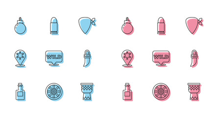 Sticker - Set line Tequila bottle, Old wooden wheel, Bomb ready to explode, Drum, Pointer wild west, Tooth, Hexagram sheriff and Bullet icon. Vector