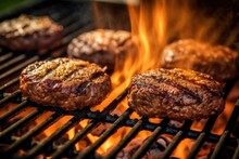 Pork Meat Barbecue Burgers For Hamburger Prepared Grilled On Bbq Fire Flame Grill