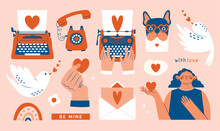 Love Mail Set. Cute Cliparts For Valentine's Day Card, Planner Sticker, Notes. Modern Colorful Illustration With Vintage Typewriter, Phone, Women Holding Heart, Dove, Birdie, Letter, French Bulldog.	
