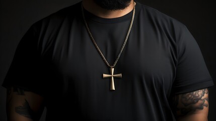 Christian cross on fat man neck. Golden christ cross on a chain around the neck of a fat man.