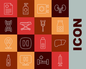 Wall Mural - Set line Syringe, Human organ liver, Medicine bottle and pills, Emergency - Star of Life, Stretcher, DNA symbol, Patient record and Crutch crutches icon. Vector