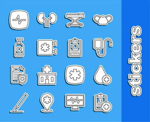 Poster - Set line Patient record, Donate drop blood, IV bag, Stretcher, Emergency - Star of Life, Antibacterial soap, Heart rate and icon. Vector