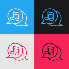 Sticker - Pop art line Musical note in speech bubble icon isolated on color background. Music and sound concept. Vector