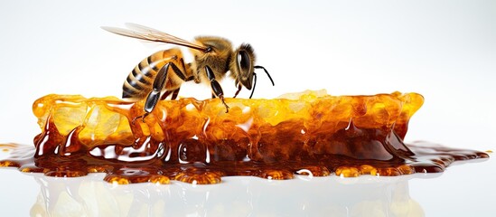 Poster - A honey bee is feeding on honey inside a beehive frame with wax, seen against a white background