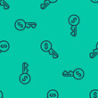 © Oksana - Blue line Rent key icon isolated seamless pattern on green background. The concept of the house turnkey. Vector