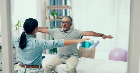 Wall Mural - Physiotherapist, rehabilitation or old man stretching arms to help in physical therapy for mobility exercise. Elderly person, chiropractor or physiotherapist healing workout for body or muscle injury