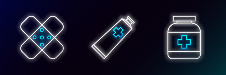 Poster - Set line Medicine bottle, Crossed bandage plaster and Ointment cream tube medicine icon. Glowing neon. Vector