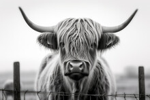 Close - Up Black And White Photo Of A Highland Cow Staring At The Cameras, Ai Generative