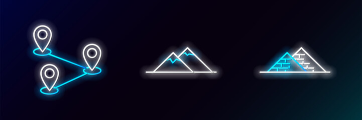 Canvas Print - Set line Egypt pyramids, Route location and Mountains icon. Glowing neon. Vector