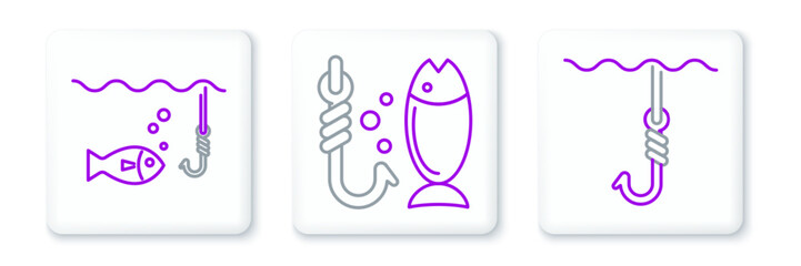 Sticker - Set line Fishing hook under water, with fish and icon. Vector