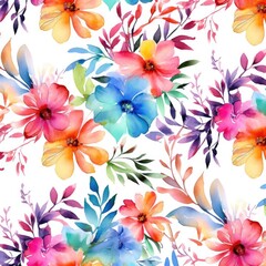 Wall Mural - Watercolor tropical flowers and foliage on a white background. Floral texture. Generative AI