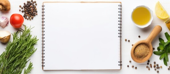 Poster - An open recipe book alongside various ingredients is placed on a white wooden table in a flat lay style.