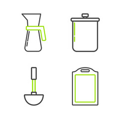 Wall Mural - Set line Cutting board, Kitchen ladle, Cooking pot and Measuring cup icon. Vector