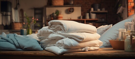 Poster - A pile of freshly laundered bedding sheets is seen in the background of a laundry room, appearing clean