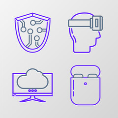 Poster - Set line Air headphones in box, Computer monitor screen, Virtual reality glasses and Cyber security icon. Vector