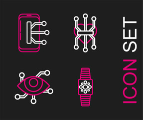Poster - Set line Smartwatch, Virtual reality, Processor and Smartphone, mobile phone icon. Vector