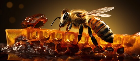 Poster - The view of a bee eating honey with its tongue can be seen through several pieces of honeycomb