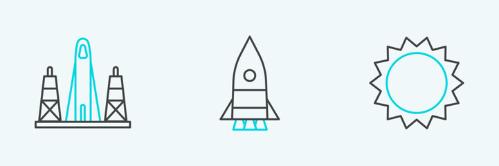 Poster - Set line Sun, Rocket launch from the spaceport and ship icon. Vector