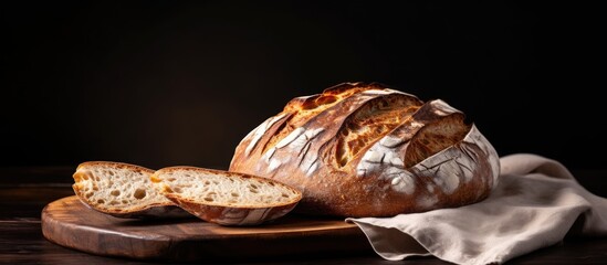 Poster - Freshly baked artisan sourdough bread, sliced and placed on a black background with copy space available