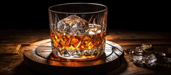 Aufkleber - A glass containing whiskey accompanied by ice cubes rests on an aged barrel in the backdrop. The wooden