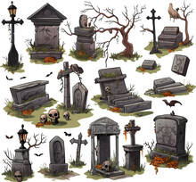 Vector Set Of Various Tombstones. Stone Marble Tombstones. Memory Of The Dead Vector Illustration On White Background.