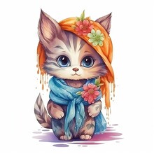 Watercolor Illustration Of A Cute Cat In Boho Style Fashion