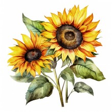 Watercolor Illustration Of Two Sunflowers With Vibrant Green Leaves
