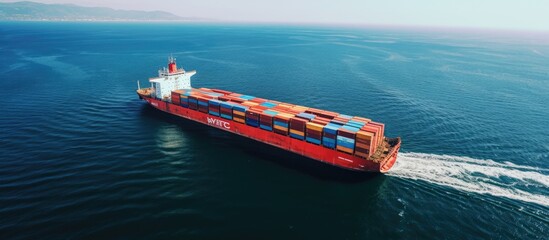 Sticker - container cargo vessel moving across the ocean, seen from above, with empty space for text as a banner