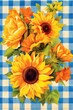 A vibrant still life painting featuring sunflowers on a classic checkered tablecloth