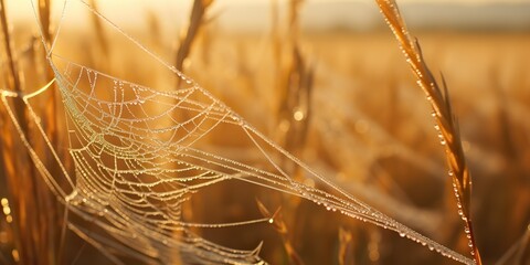 Wall Mural - AI Generated. AI Generative. Sunshine spoderweb spider web at field meadow hay grass. Nature outdoor wildlife. Graphic Art