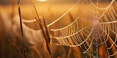 Wall Mural - AI Generated. AI Generative. Sunshine spoderweb spider web at field meadow hay grass. Nature outdoor wildlife. Graphic Art