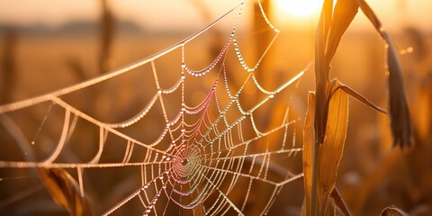 Wall Mural - AI Generated. AI Generative. Sunshine spoderweb spider web at field meadow hay grass. Nature outdoor wildlife. Graphic Art