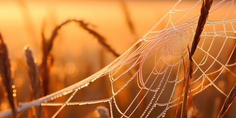 Wall Mural - AI Generated. AI Generative. Sunshine spoderweb spider web at field meadow hay grass. Nature outdoor wildlife. Graphic Art