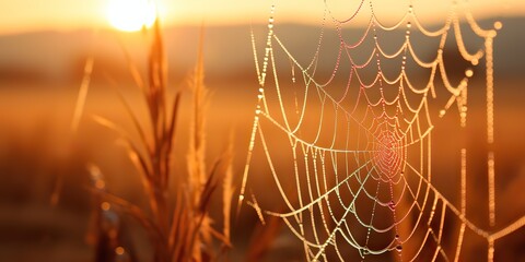 Wall Mural - AI Generated. AI Generative. Sunshine spoderweb spider web at field meadow hay grass. Nature outdoor wildlife. Graphic Art