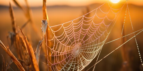 Wall Mural - AI Generated. AI Generative. Sunshine spoderweb spider web at field meadow hay grass. Nature outdoor wildlife. Graphic Art
