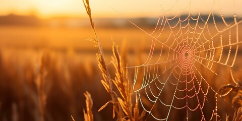 Wall Mural - AI Generated. AI Generative. Sunshine spoderweb spider web at field meadow hay grass. Nature outdoor wildlife. Graphic Art