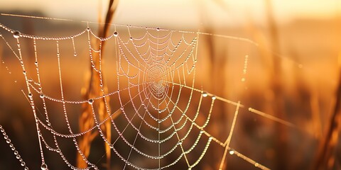 Wall Mural - AI Generated. AI Generative. Sunshine spoderweb spider web at field meadow hay grass. Nature outdoor wildlife. Graphic Art