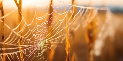 Wall Mural - AI Generated. AI Generative. Sunshine spoderweb spider web at field meadow hay grass. Nature outdoor wildlife. Graphic Art