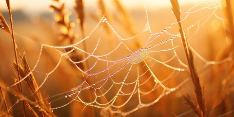 Wall Mural - AI Generated. AI Generative. Sunshine spoderweb spider web at field meadow hay grass. Nature outdoor wildlife. Graphic Art