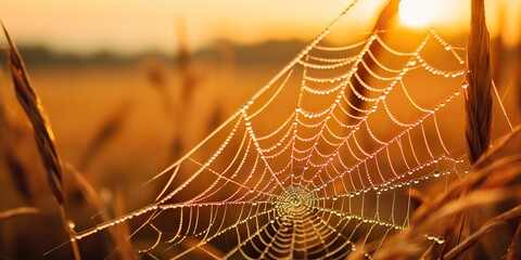 Wall Mural - AI Generated. AI Generative. Sunshine spoderweb spider web at field meadow hay grass. Nature outdoor wildlife. Graphic Art