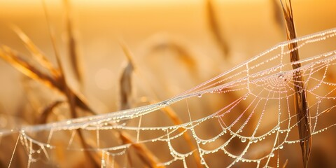 Wall Mural - AI Generated. AI Generative. Sunshine spoderweb spider web at field meadow hay grass. Nature outdoor wildlife. Graphic Art