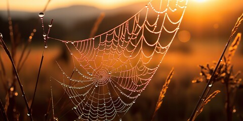 Wall Mural - AI Generated. AI Generative. Sunshine spoderweb spider web at field meadow hay grass. Nature outdoor wildlife. Graphic Art