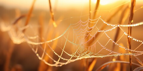 Wall Mural - AI Generated. AI Generative. Sunshine spoderweb spider web at field meadow hay grass. Nature outdoor wildlife. Graphic Art