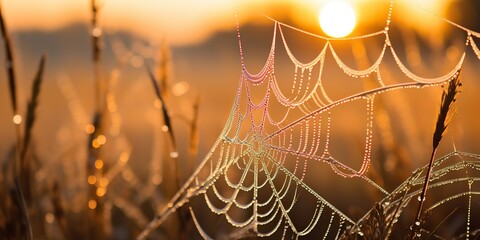 Wall Mural - AI Generated. AI Generative. Sunshine spoderweb spider web at field meadow hay grass. Nature outdoor wildlife. Graphic Art