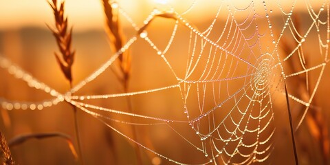 Wall Mural - AI Generated. AI Generative. Sunshine spoderweb spider web at field meadow hay grass. Nature outdoor wildlife. Graphic Art