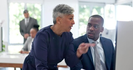 Aufkleber - Paperwork, computer and senior manager, business people or boss question staff on financial info, research or portfolio. Planning, office leader and black man feedback on finance accounting insight