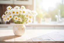 White Daisies In Polka Dot Vase On Wooden Table. A Cheerful And Cozy Image Of A Bouquet Of White Daisies In A White Vase With Yellow Polka Dots On A Light Wood Table In A Bright Kitchen.