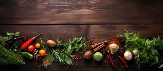 Poster - Fresh herbs and spices placed on a wooden table, seen from above, and with space for additional text
